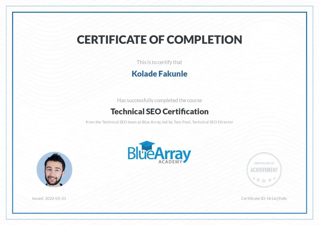 Kolade Fakunle - BlueArray SEO Technical SEO Certification