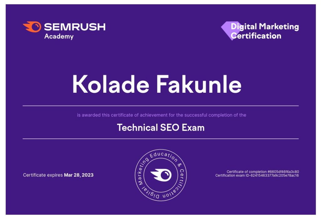 Kolade Fakunle SEMRush Technical SEO Certification