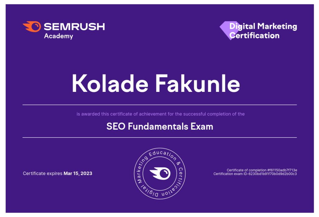 Kolade Fakunle SEMrush Academy Certificate